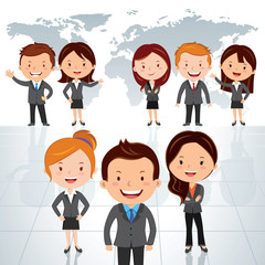 Global business team. Vector illustration of a group of successful businessman and business women standing against world map background.