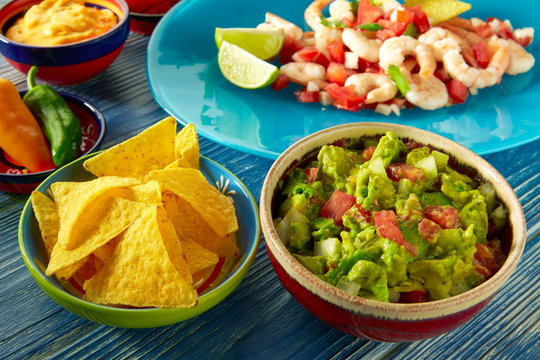 Guacamole mexican food with ceviche and nachos