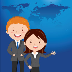 Business career. Career opportunities. Businessman and businesswoman with world map background.