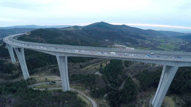 Aerial of huge curve viaduct highway in nature