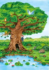 Deurstickers Kinderen Bosboomlandschap met vogels, meer, kikkers en een schattige egel. Natuur aquarel illustratie.