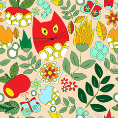 vector seamless pattern with flower,cat and butterfly, cartoon d