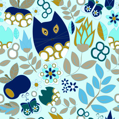 vector seamless pattern with flower,cat and butterfly, cartoon d