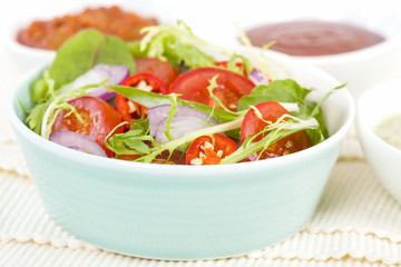 Mixed Leaf & Vegetable Summer Salad - Salad with tomatoes, rocket, lettuce, red onions and peppers.