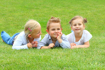 Naklejka na ściany i meble Three little friends have a fun on meadows. Happy holidays and back to school.