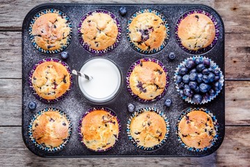 homemade blueberry muffins with milk and berries