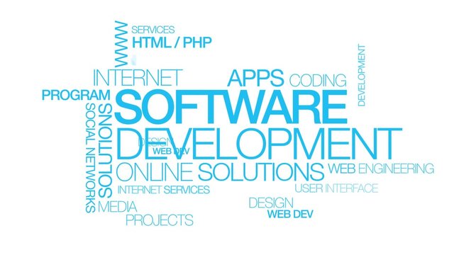 Software development apps computer programming words tag cloud blue text
