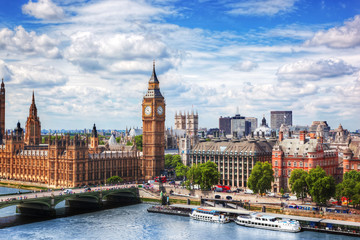Big Ben, Westminster Bridge on River Thames in London, the UK. Sunny day - obrazy, fototapety, plakaty