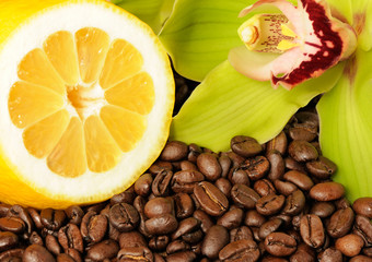 Lemon, orchid and coffee beans