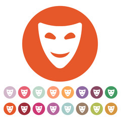 The smiling mask icon. Comedy and theater symbol. Flat
