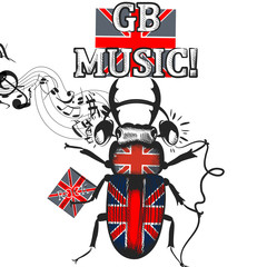 Flayer with beetle colored in British flag in headphones symbol