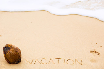 Fototapeta na wymiar Inscription of word Vacation written on wet yellow beach sand, f