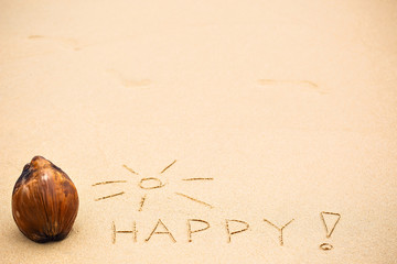Inscription of word Happy with exclamation mark written on wet y