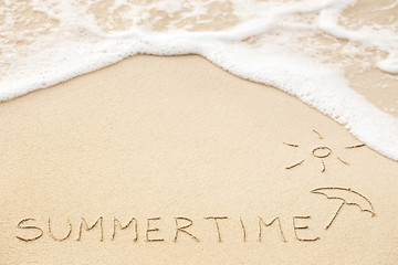 Inscription of the word Summertime and sun with umbrella drawing