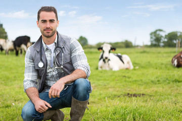 Portrait of a Young attractive veterinary in a pasture with cows