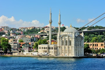 Fototapeta na wymiar Ortakoy mosque and Bosphorus bridge, Istanbul, Turkey- Buyuk Mecidiye Cami