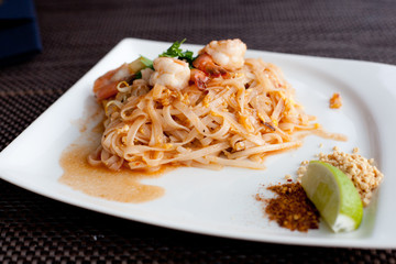 Thai food. Noodles with shrimps
