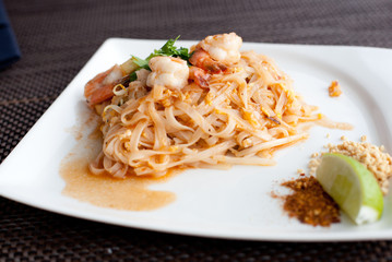 Thai food. Noodles with shrimps