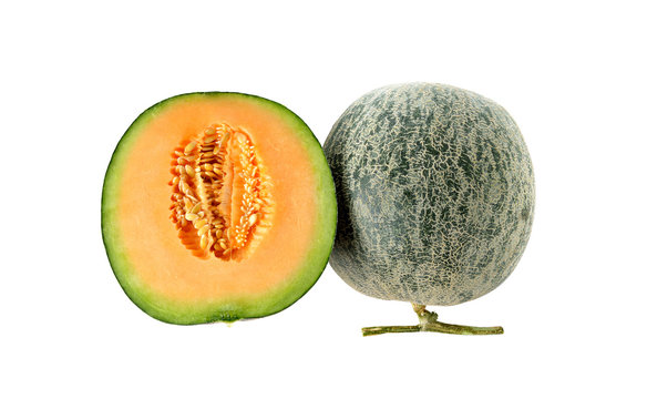 whole and half cut melon with stem on white background