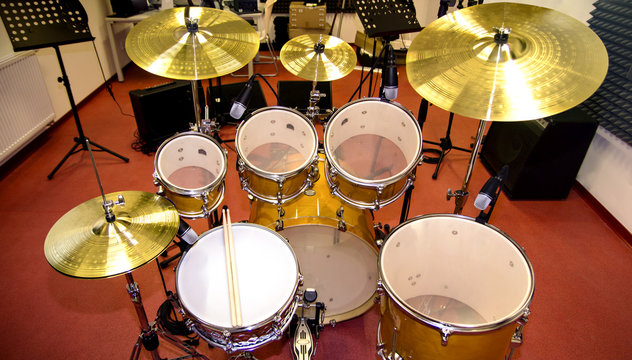 Close up of drums in professional recording studio
