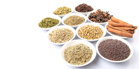 Cardamom, star anise, cinnamon, clove, coriander seed spices and parsley, thyme, rosemary herbs in white bowls 