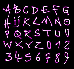 liquid font and number pink neon alphabet over black