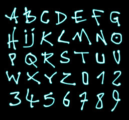 liquid font and number neon alphabet over black