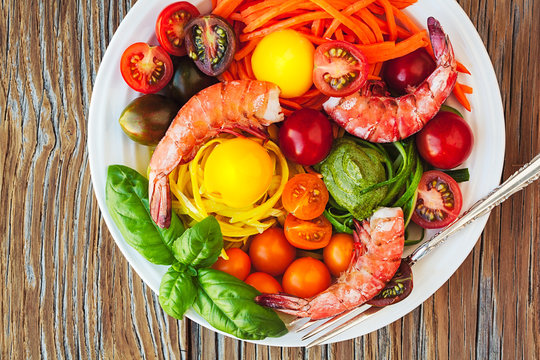 Vegetable Zucchini Spaghetti Pasta Noodle Dish With Fresh Shrimp
