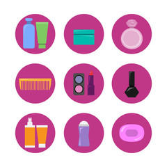 Makeup collection. Vector icon set in flat style, isolated on white background.