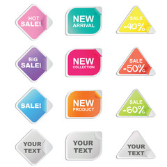 Set of twelve colorful stickers in diamond, rectangle and triangle shaped for shop and seller. 