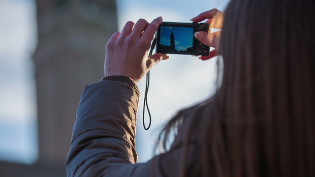 Digital camera screen with leaned church tower