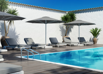 Grey unbeds lounge by the pool, summer holiday