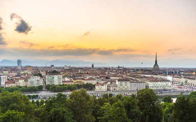 Naklejka premium Panoramic cityscape of Turin from above at sunset