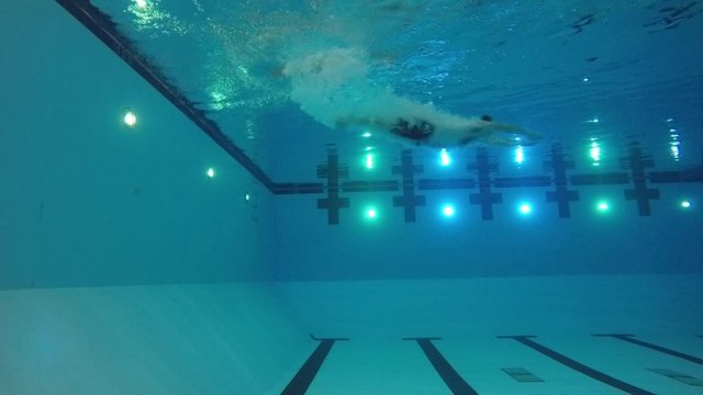 Slow motion of swimmer diving into pool underwater side shot