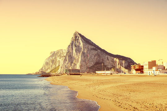 The Rock of Gibraltar as seen from the beach of La Atunara, in L