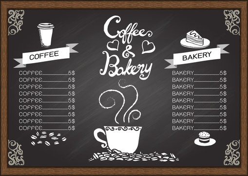 Coffee and baker menu on chalkboard.