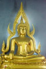 Fototapeta premium Model of Phra phuttha chinnararath in the marble temple or Wat Benchamabophit Dusitvanaram in Bangkok, Thailand 