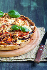 Aubergine, tomato and cheese quiche