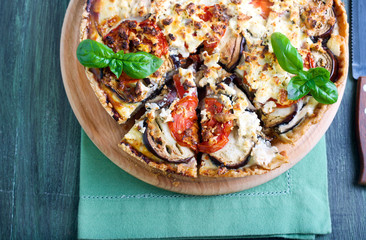 Aubergine, tomato and cheese quiche