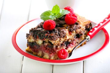 Slice of chocolate and raspberry cake
