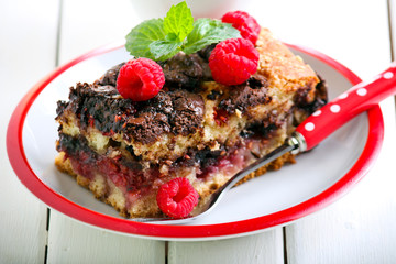 Slice of chocolate and raspberry cake