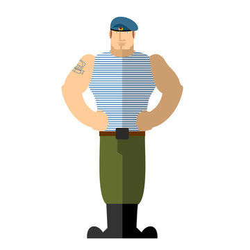Russian soldiers. Military man in t-shirt and blue beret. A stro