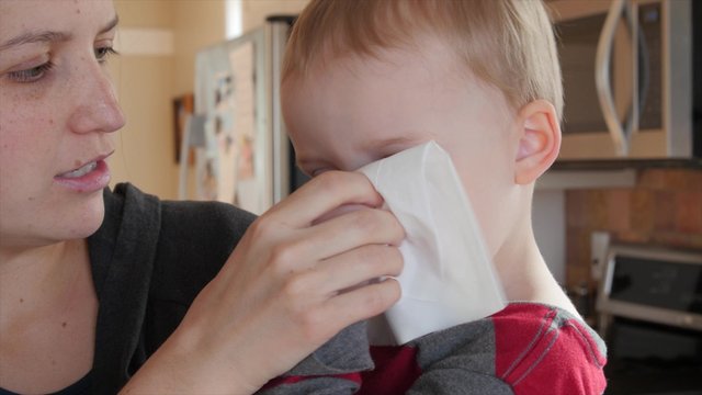 Little toddler blows nose into kleenex