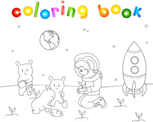 Astronaut helping the Martians to plant seedlings of terrestrial