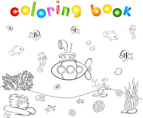 Submarine and fish under water. Seahorse, jellyfish, coral and s