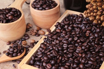 Roasted coffee beans with hot coffee