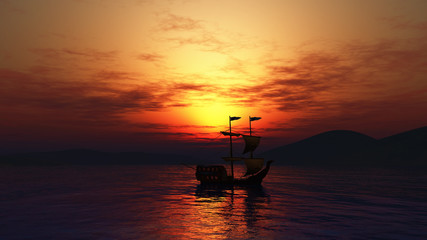 Obraz na płótnie Canvas 3D landscape of ship sailing on sea