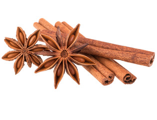 cinnamon stick and star anise spice isolated on white background
