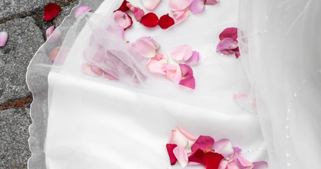 Blütenblätter auf dem Brautkleid