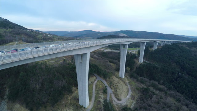 Aerial of famous Slovenia viaduct with traffic jam